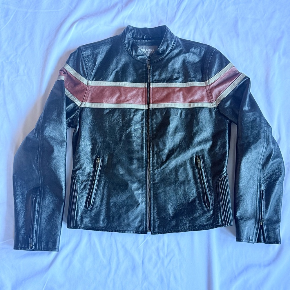Vintage Cafe Racer Women’s Leather Jacket with Red and White Stripes Sz Medium